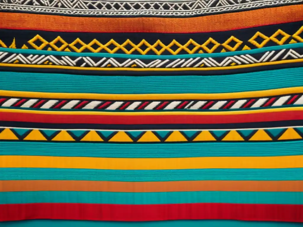 Detalle vibrante del simbolismo arte textil precolombino: intrincadas formas geométricas y motivos tejidos con colores ricos