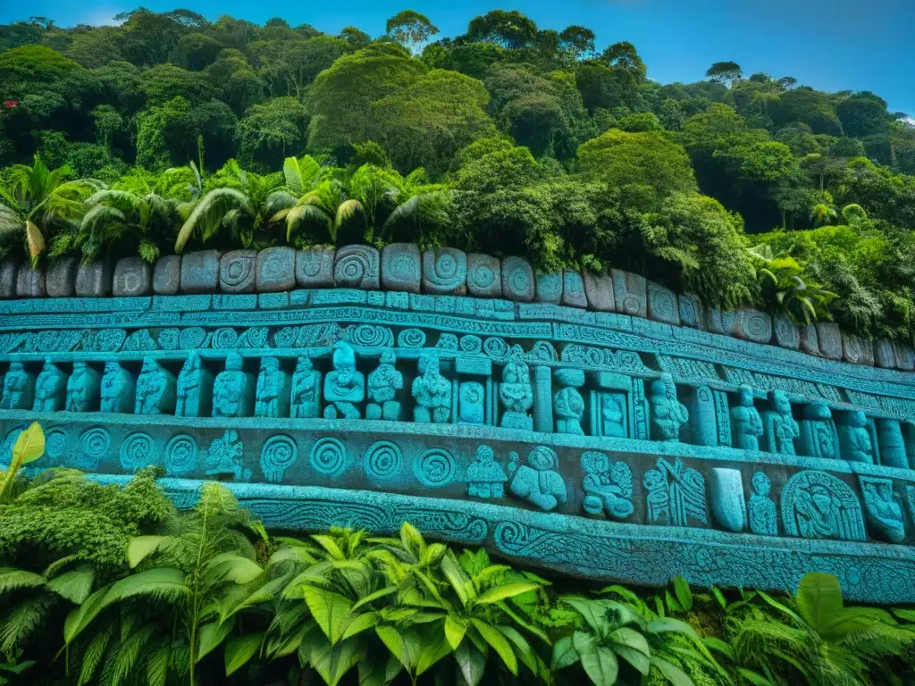 Detalle vibrante de un sitio arqueológico en la Amazonia, con arte indígena, vegetación exuberante y cielo azul