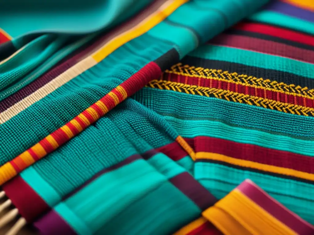 Detalle vibrante de tejidos indígenas con simbolismo en textiles América, resaltando colores y tradición