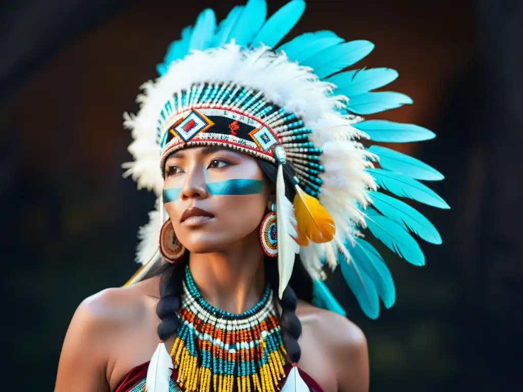 Detalle vibrante de un tocado indígena con plumas coloridas y cuentas, sobre terciopelo oscuro