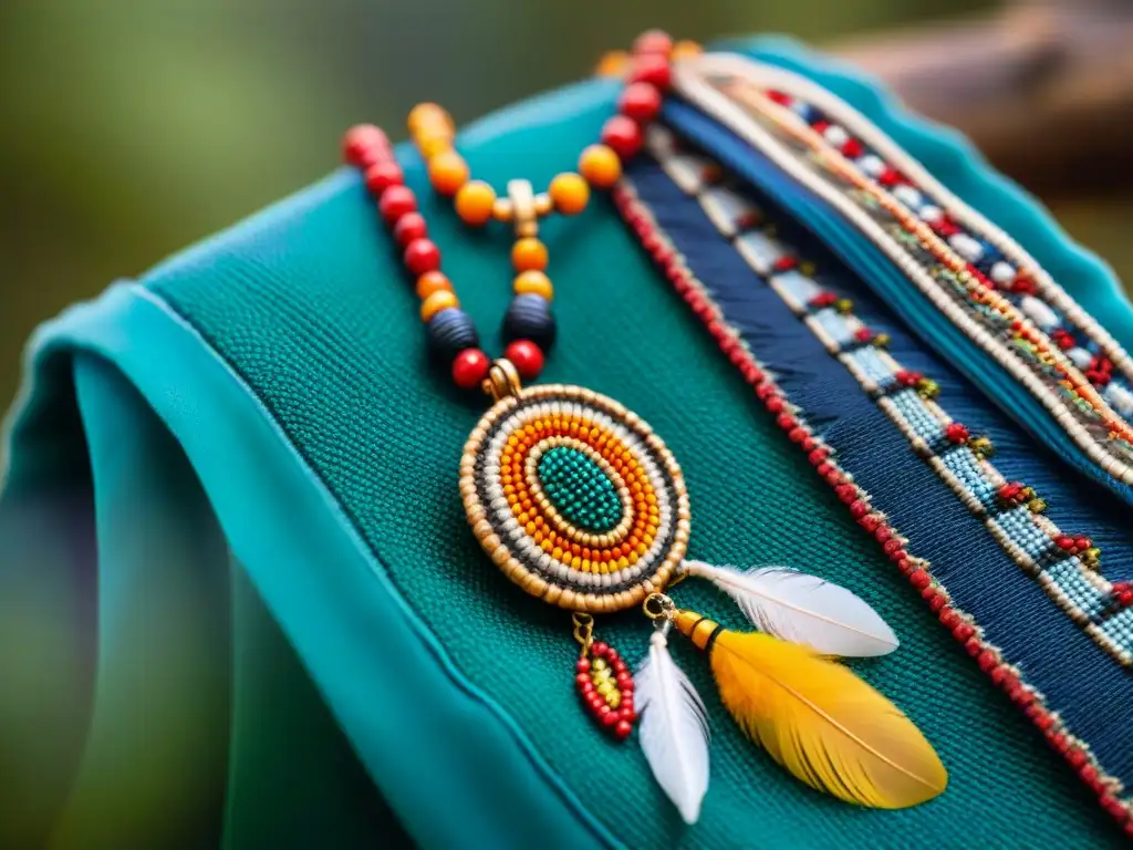 Detalles de un amuleto indígena con significado espiritual y cultural, rodeado de naturaleza serena