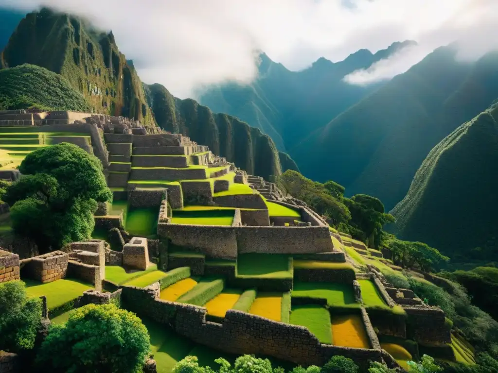 Detalles de la arquitectura Inca integrada con naturaleza en una estructura ancestral rodeada de exuberante vegetación