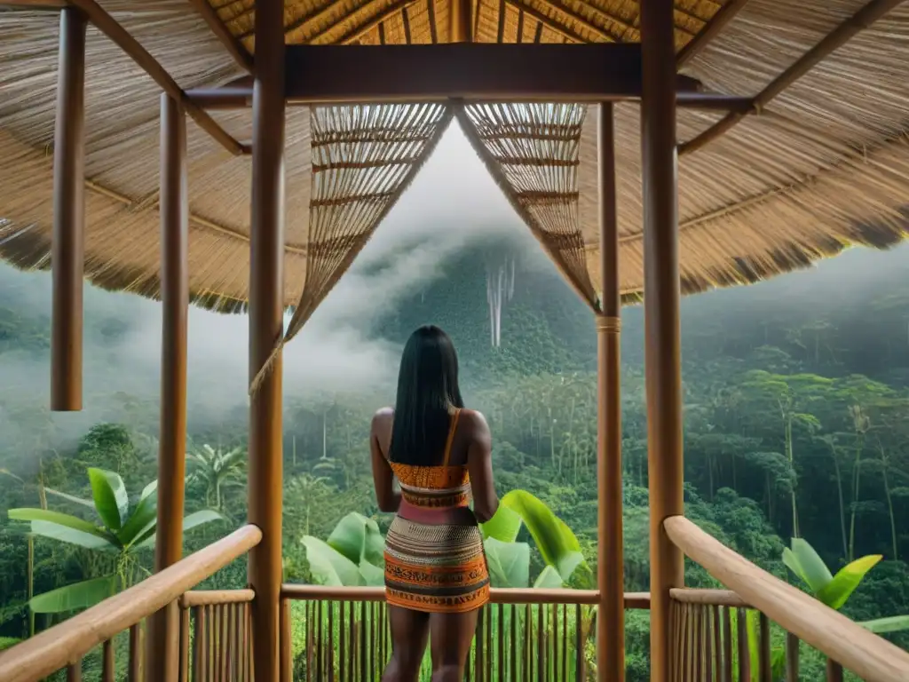 Detalles de arquitectura indígena amazónica contemporánea: entrelazado armónico de materiales naturales en la selva