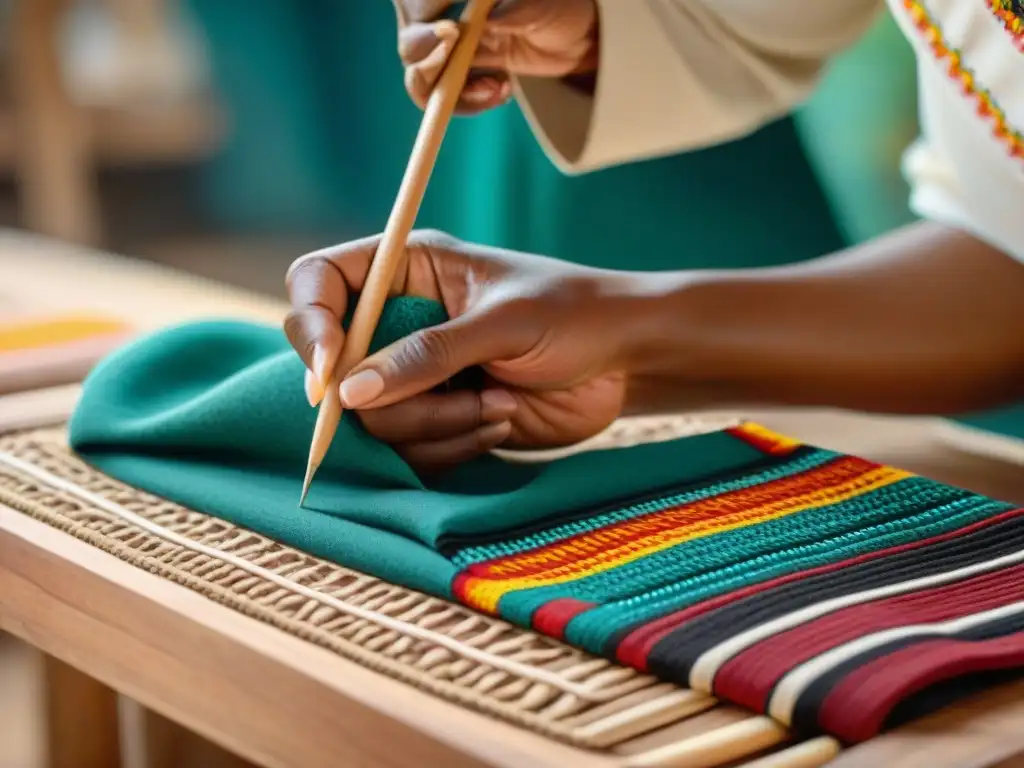Detalles artesanales de indígenas creando productos en taller iluminado