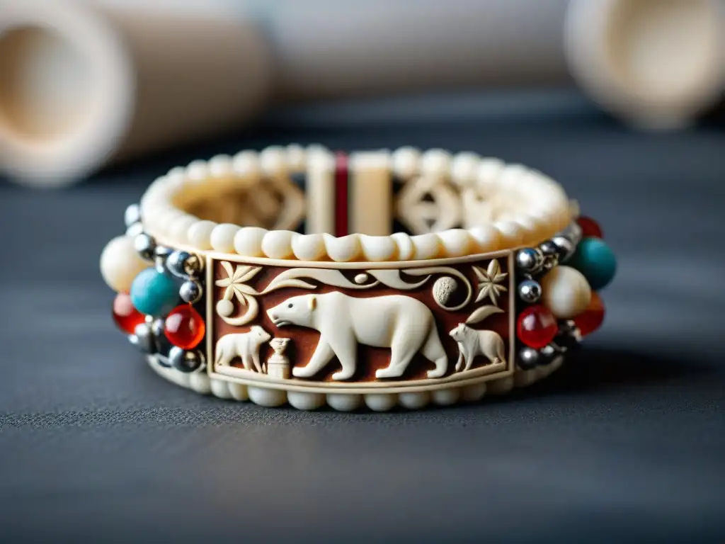 Detalles de un brazalete inuit tallado en marfil de morsa, con motivos simbólicos de animales y patrones geométricos