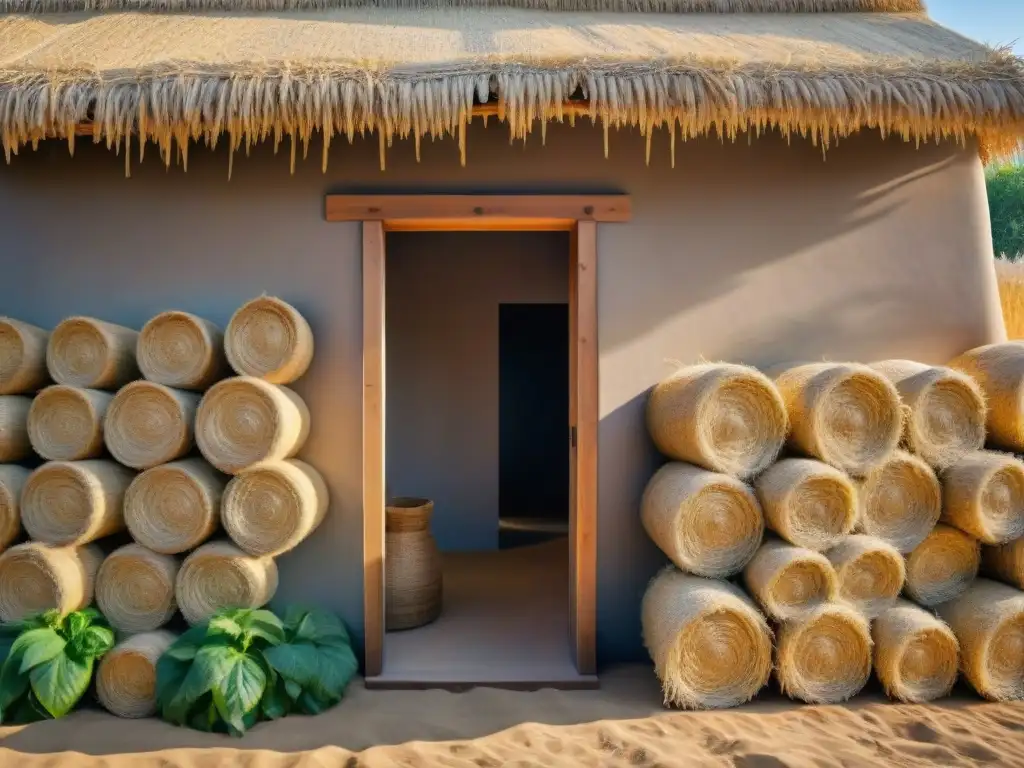 Detalles de construcción sostenible en arquitectura vernácula: tejido de pacas de paja en pared de barro