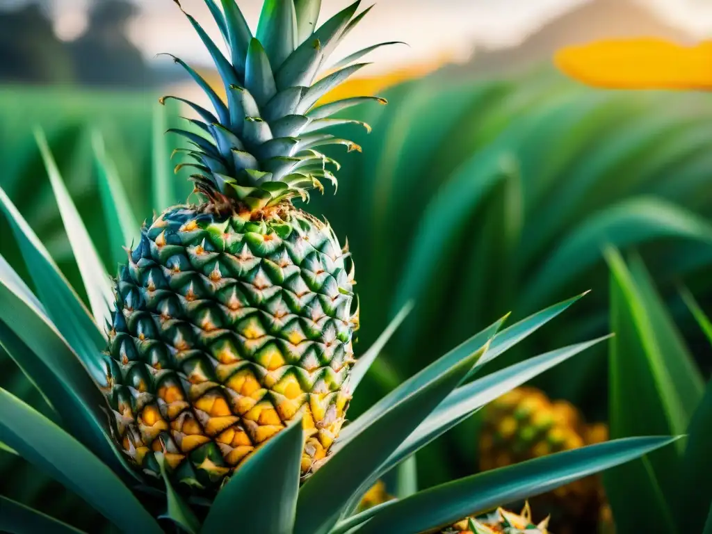 Detalles dorados de una piña recién cosechada en una plantación tropical, simbolizando los beneficios nutricionales de la piña