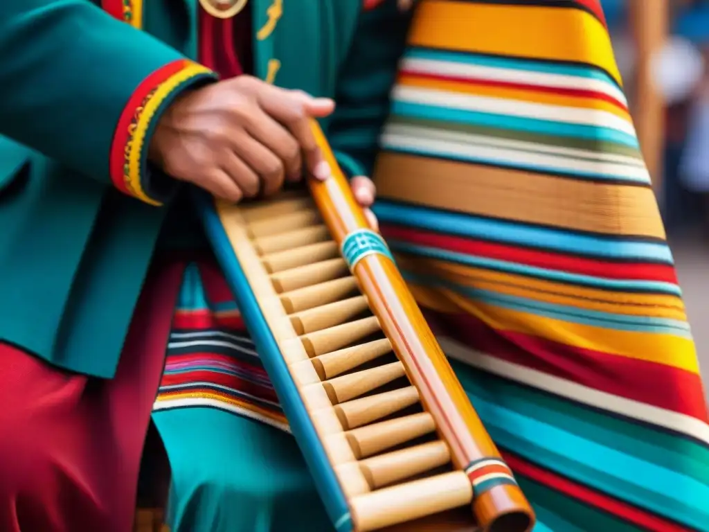 Detalles de una Flauta de Pan andina significado, tallada en bamboo con patrones tradicionales, en un vibrante mercado andino