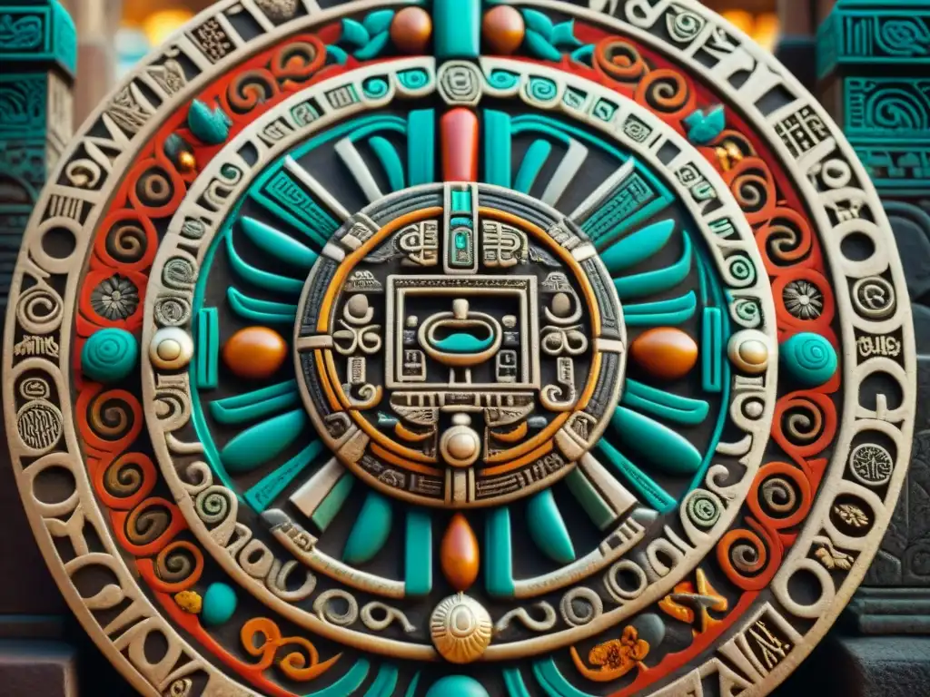 Detalles impresionantes del calendario azteca con símbolos y grabados, resaltando la cultura náhuatl