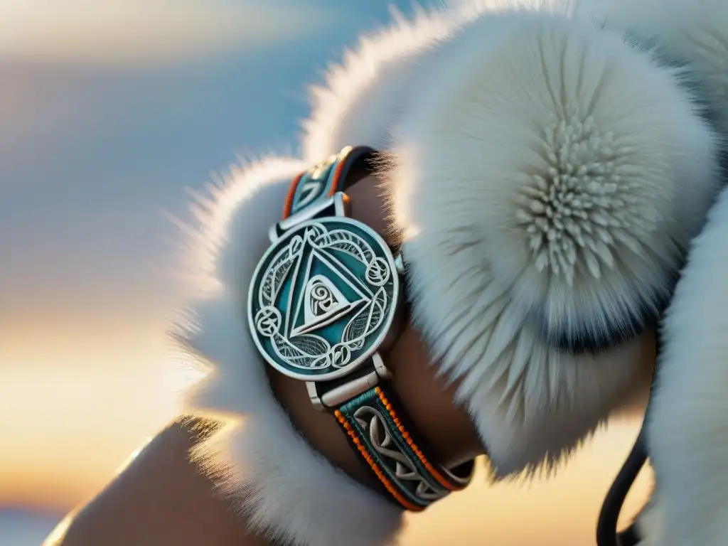 Detalles intrincados de un brazalete inuit con símbolos tradicionales y diseños tallados, evocando significados ocultos