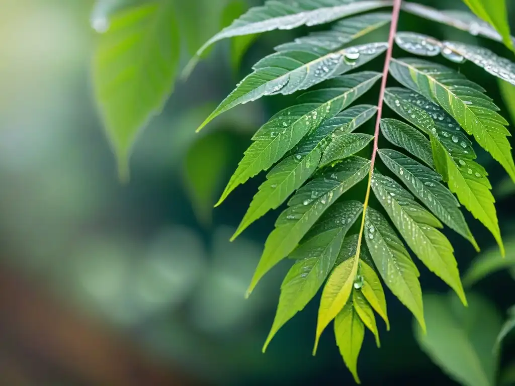 Detalles intrincados de hojas de Neem con gotas de rocío bajo la luz del sol