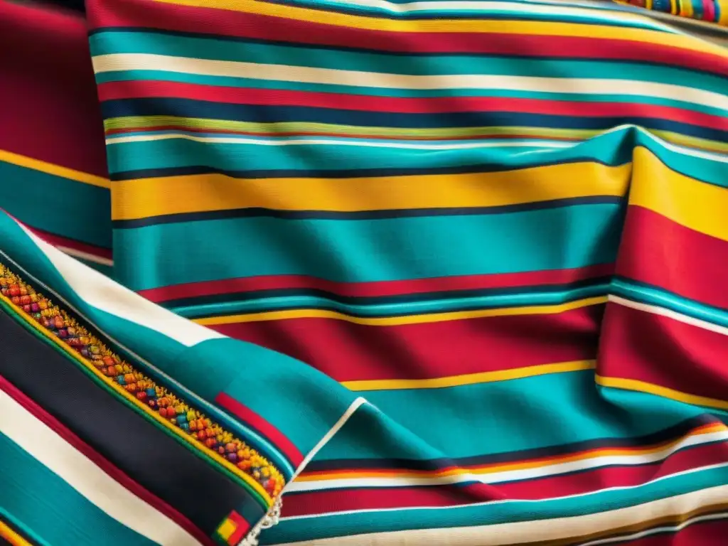 Detalles intrincados de un textil Aymara, resaltando la preservación cultural en sus vibrantes colores y complejos patrones