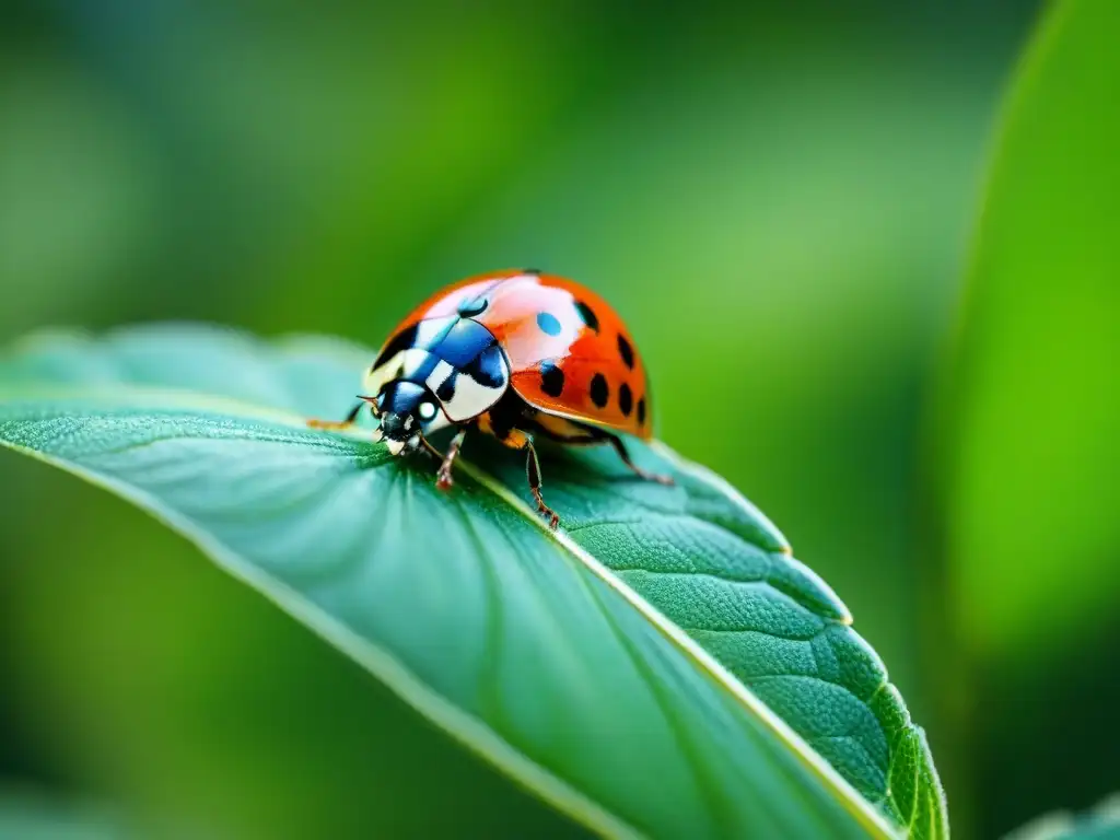 Detalles de una mariquita sobre una hoja verde, destacando su caparazón rojo brillante y la protección cultivos tradicionales nanotecnología