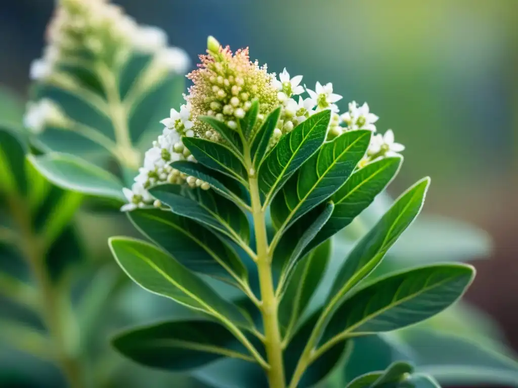 Detalles de una planta de quinua verde vibrante en los Andes, resaltando sus beneficios y recetas