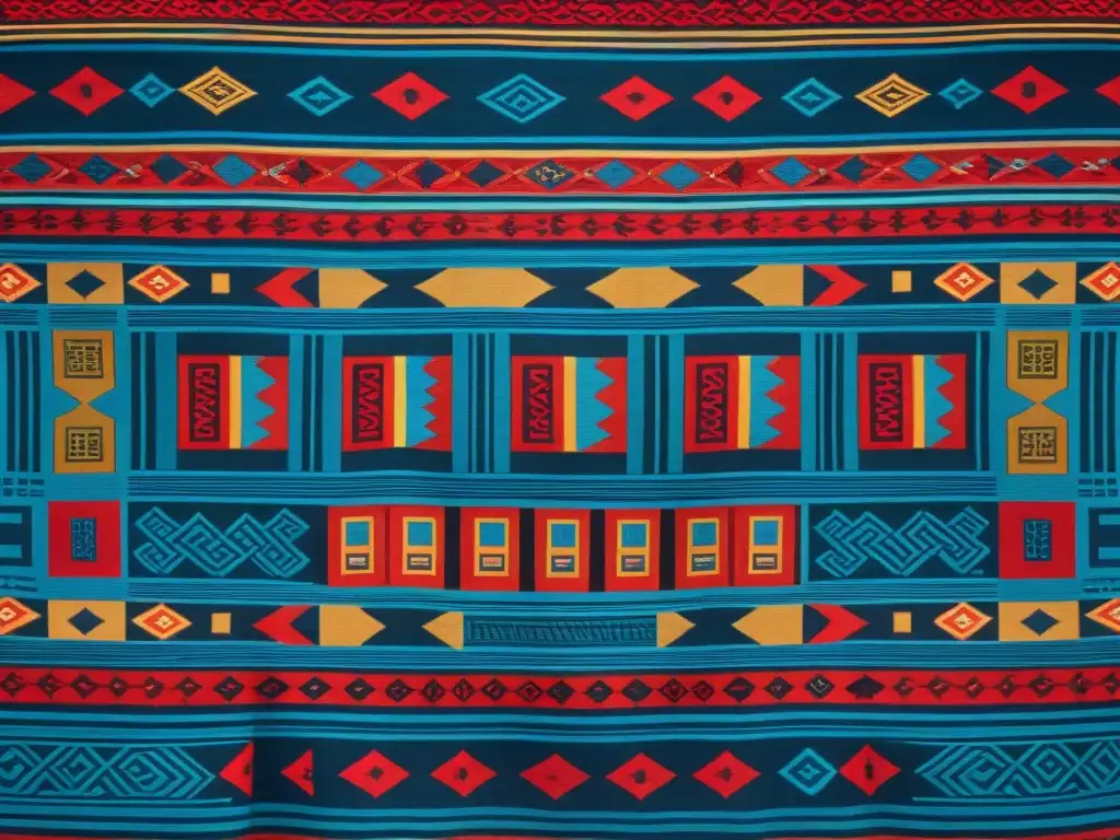 Detalles del simbolismo arte textil precolombino en vibrante diseño geométrico en tonos rojos, azules y dorados