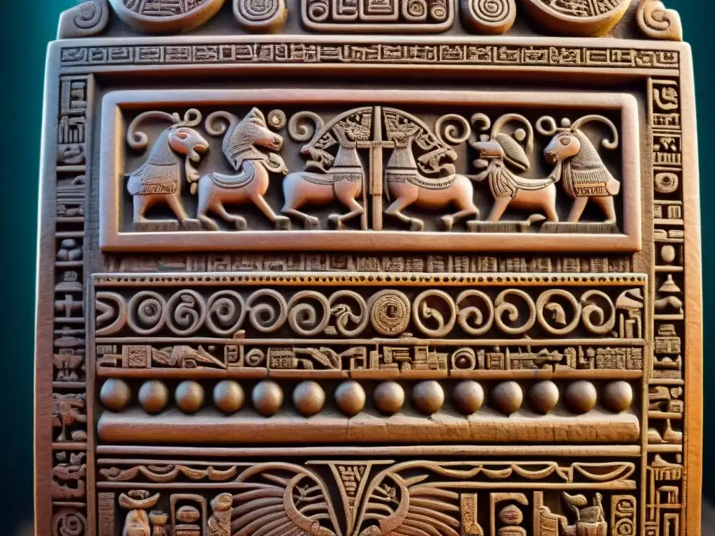 Detalles ancestrales: tallado preciso en estela precolombina Detalles tallados en estela precolombina, arte indígena ancestral