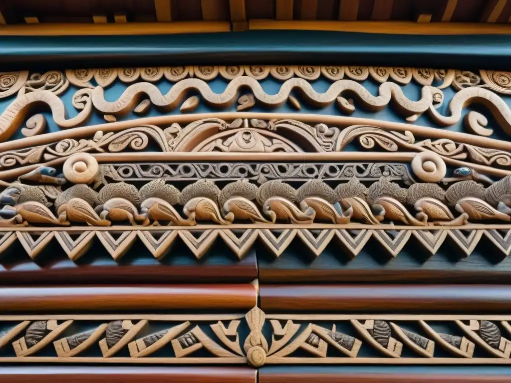 Detalles tallados en madera de una casa indígena tradicional, conservando la memoria y la arquitectura ancestral