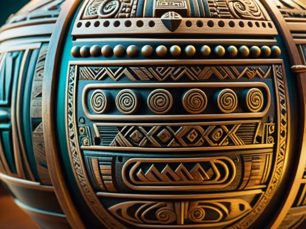 Detalles tallados en un Teponaztli azteca, mostrando su significado cultural y artístico