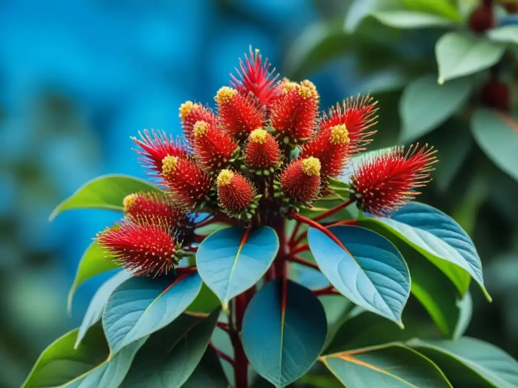 Detalles vibrantes del achiote en plena floración, resaltando su belleza natural