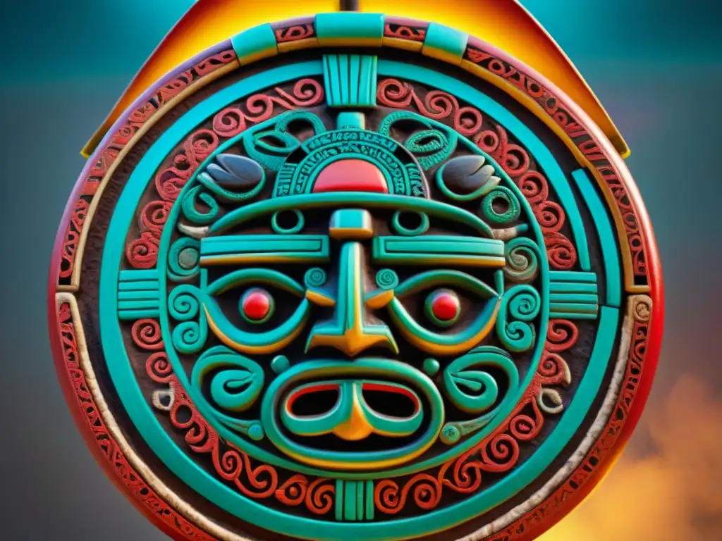 Detalles vibrantes del Teponaztli, instrumento azteca, con tallados simbólicos y colores tradicionales