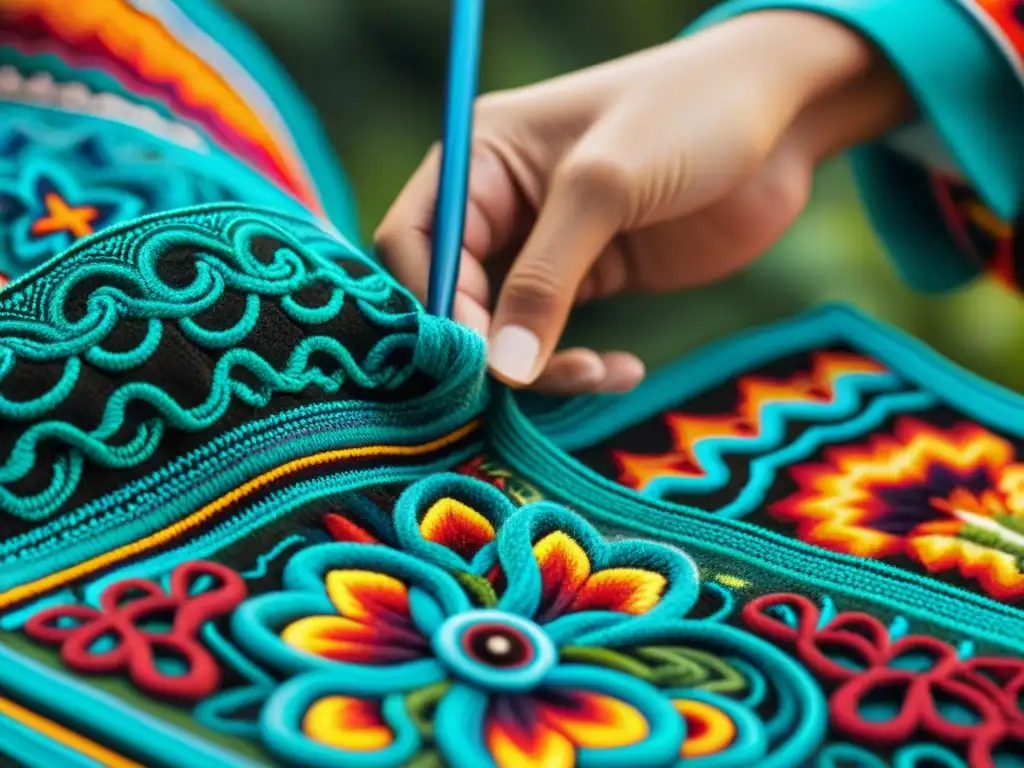 Detalles vibrantes de una pintura de estambre Huichol, reflejando la artesanía indígena en venta online