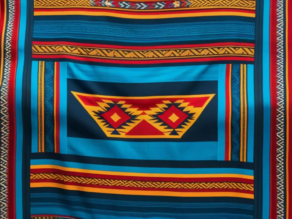 Detalles vibrantes del simbolismo arte textil precolombino en patrones geométricos aztecas en rojo, azul y dorado