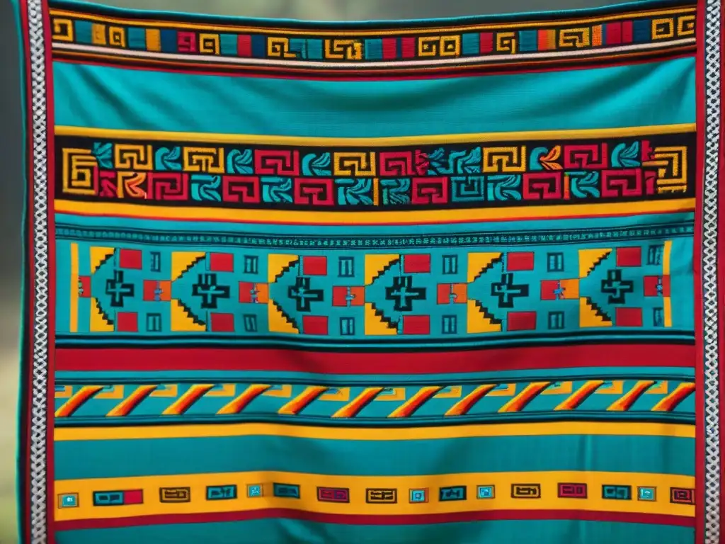 Detalles vibrantes del simbolismo arte textil precolombino en un diseño maya intrincado y colorido