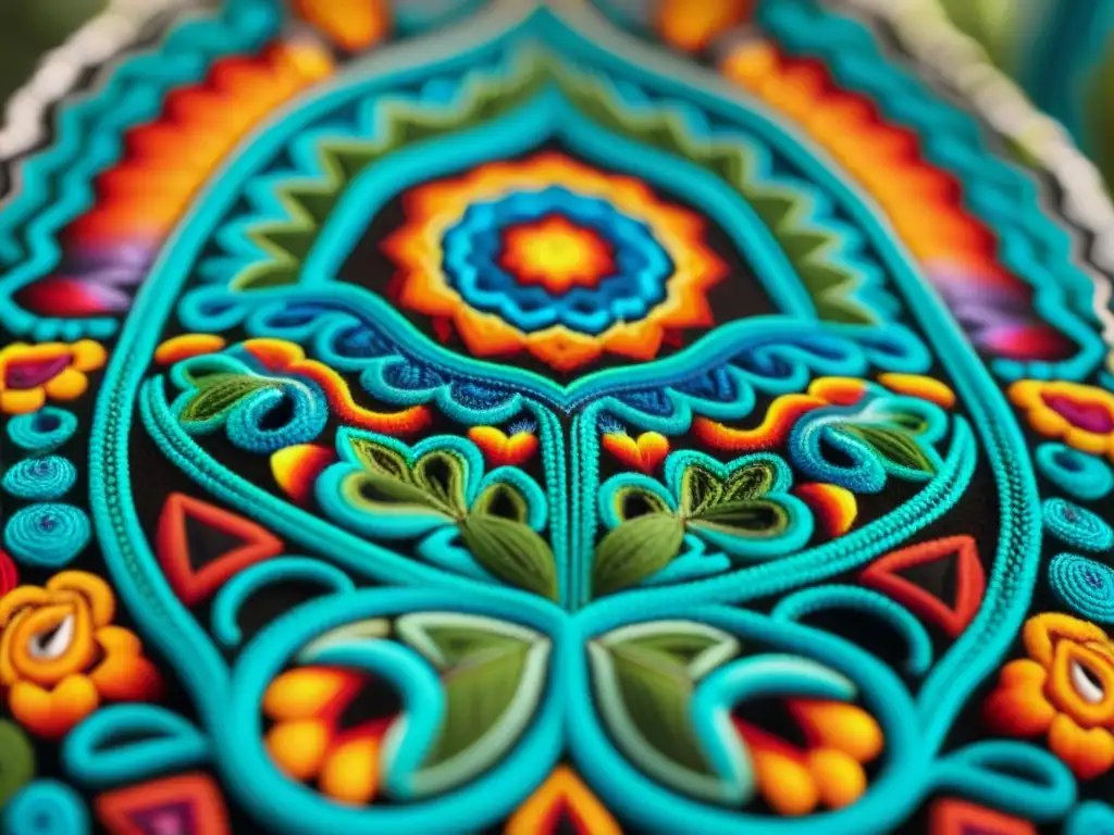 Detalles vibrantes de un tejido Huichol, arte indígena Américas culturas