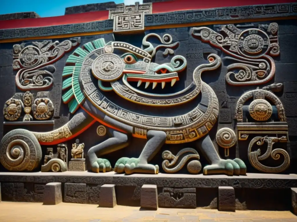 Detalles vibrantes del Templo de la Serpiente Emplumada en Teotihuacán, destacando su arte indígena y cultura ancestral