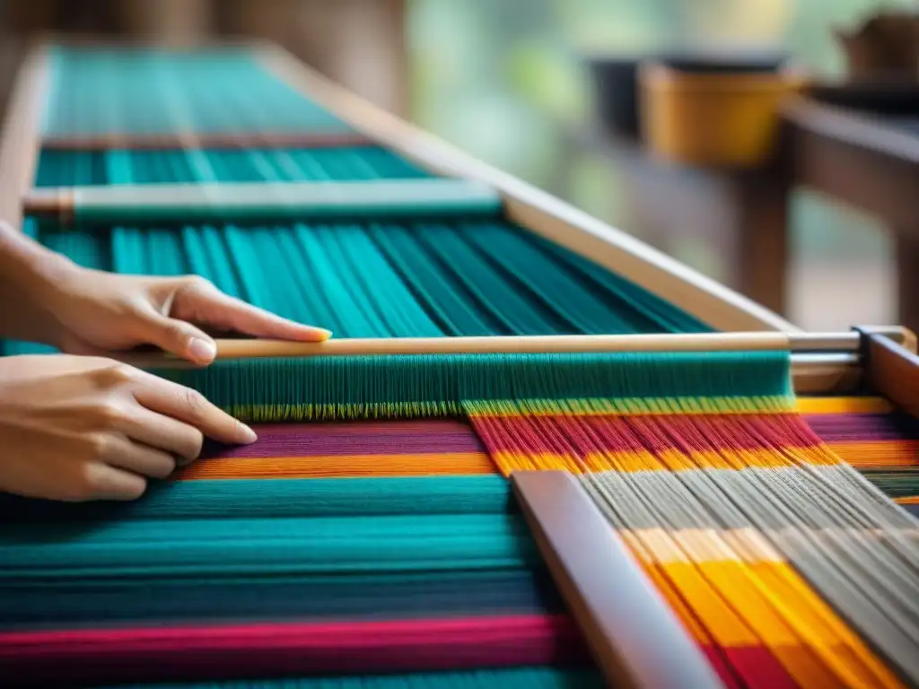 Detalles vibrantes de un textil indígena en telar tradicional, reflejando tradición y destreza