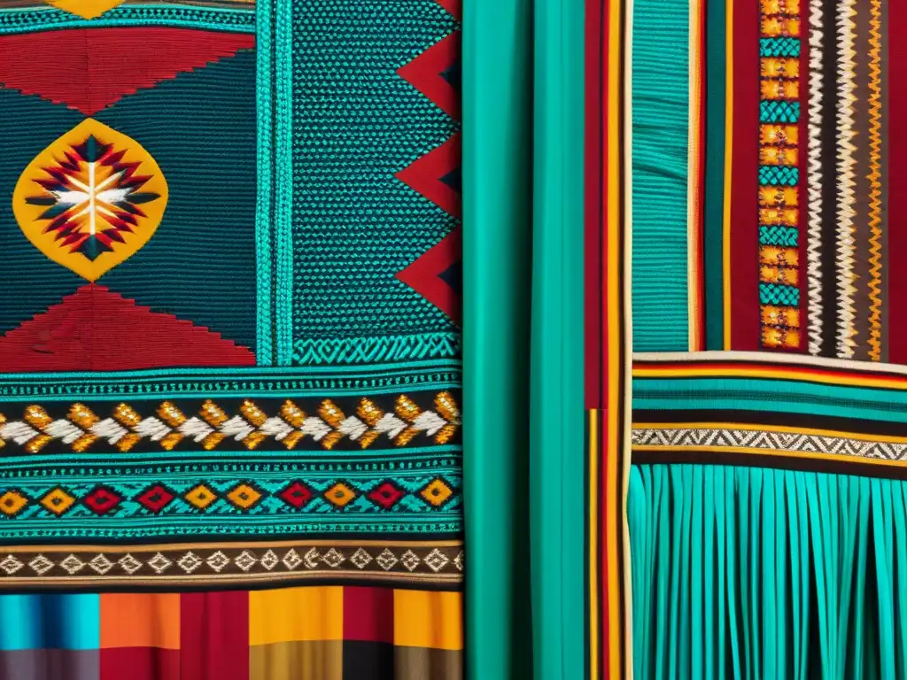 Detalles vibrantes de textiles indígenas en exposiciones globales, destacando colores y técnicas de tejido