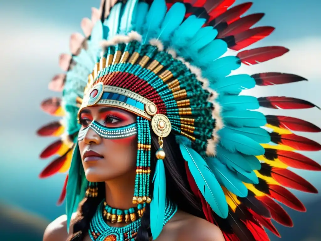 Detalles vibrantes de un tocado azteca: significado de colores en accesorios sagrados