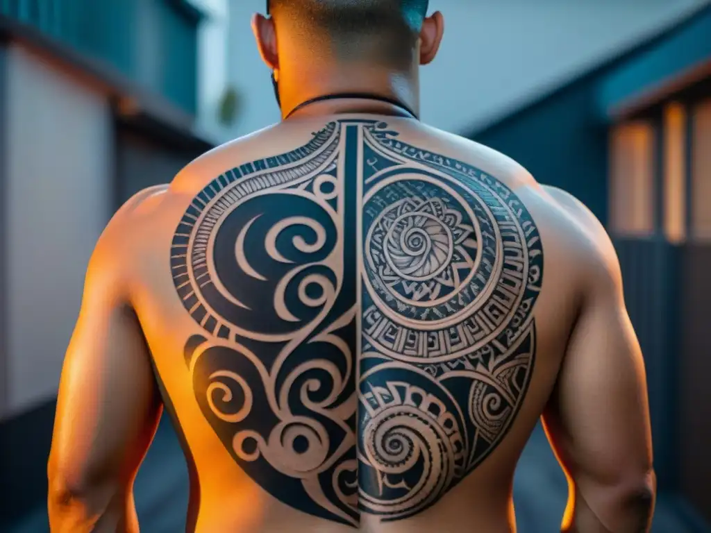 Detalles vívidos de tatuajes Maori en la espalda, raíces cultura indígena