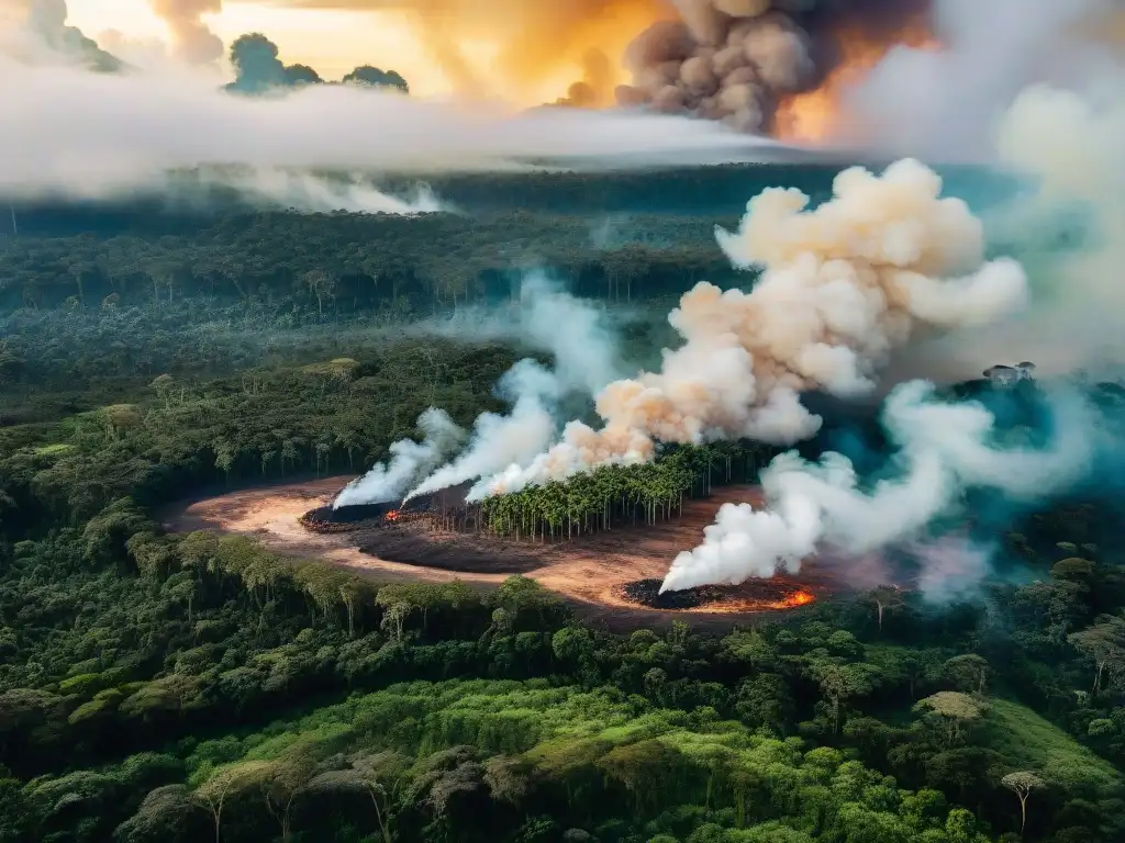 Devastación por deforestación en la Amazonía, indígenas miran con tristeza