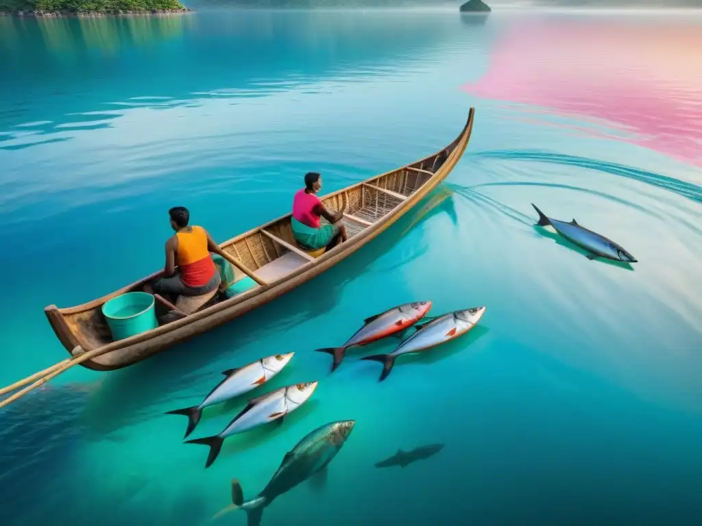 Dieta indígena de pescados: Pescadores lanzan redes en un mar turquesa lleno de vida, con amanecer de colores cálidos