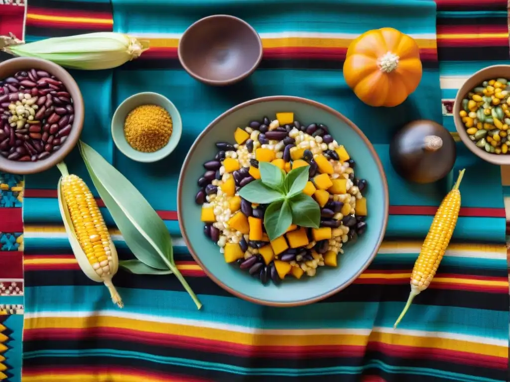 Dieta tradicional Hopi beneficios: Despliegue de comida colorida y auténtica en manta tejida a mano, bañado por cálida luz solar