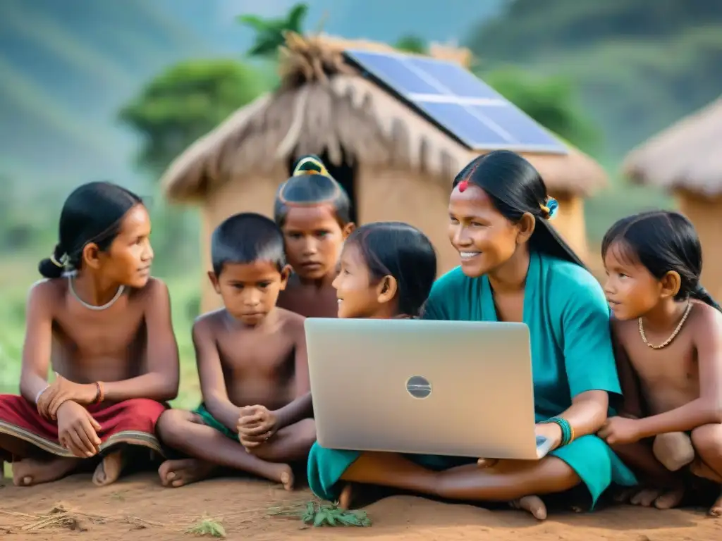 Inclusión digital en comunidades indígenas: niños aprenden con laptop solar, fusionando tradición y tecnología en armonía