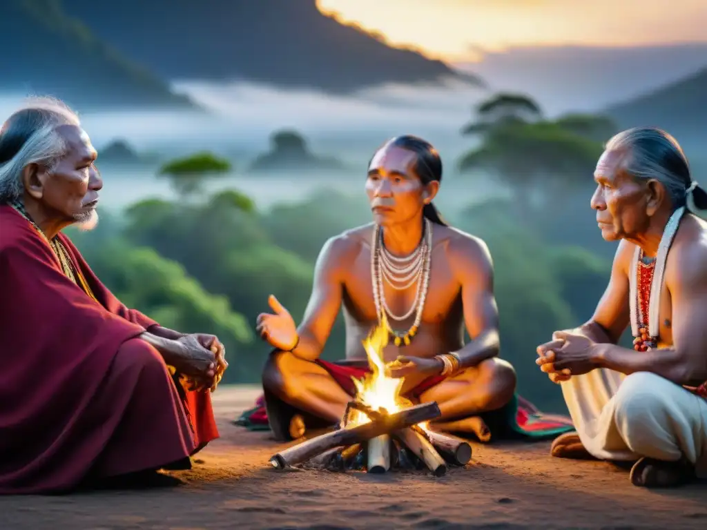 Fotografía digital de rituales indígenas: Ancianos sabios en conversación alrededor de una fogata bajo un cielo estrellado