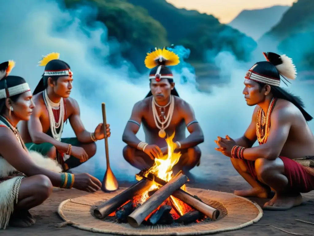 Fotografía digital de rituales indígenas: Grupo con trajes tradicionales alrededor de fuego ceremonial