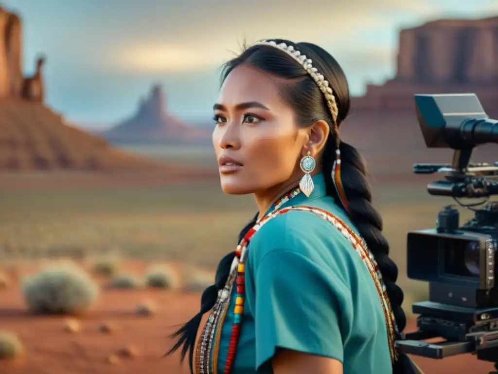 Una directora Navajo apasionada dirige escena con actores y equipo