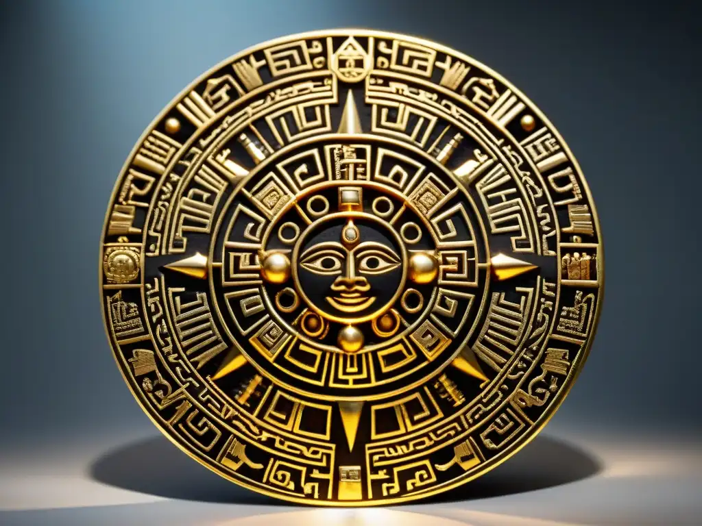 Un disco solar inca dorado, con patrones detallados y motivos simbólicos que representan el significado espiritual del oro en la cultura inca