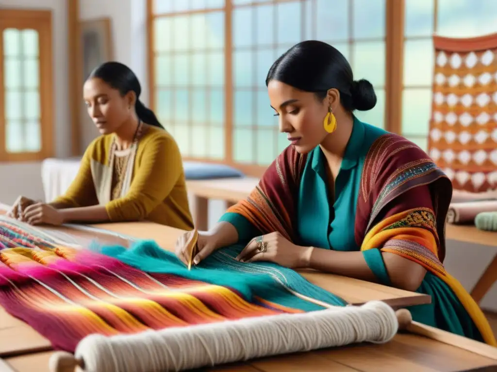 Diseñador observa artista textil indígena en taller colaborativo lleno de color y tradición