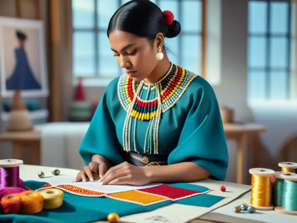 Un diseñador de moda indígena contemporánea en línea bordando meticulosamente en su estudio soleado