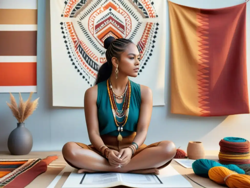 Una diseñadora de moda indígena en su estudio, concentrada en crear una fusión contemporánea de textiles tradicionales