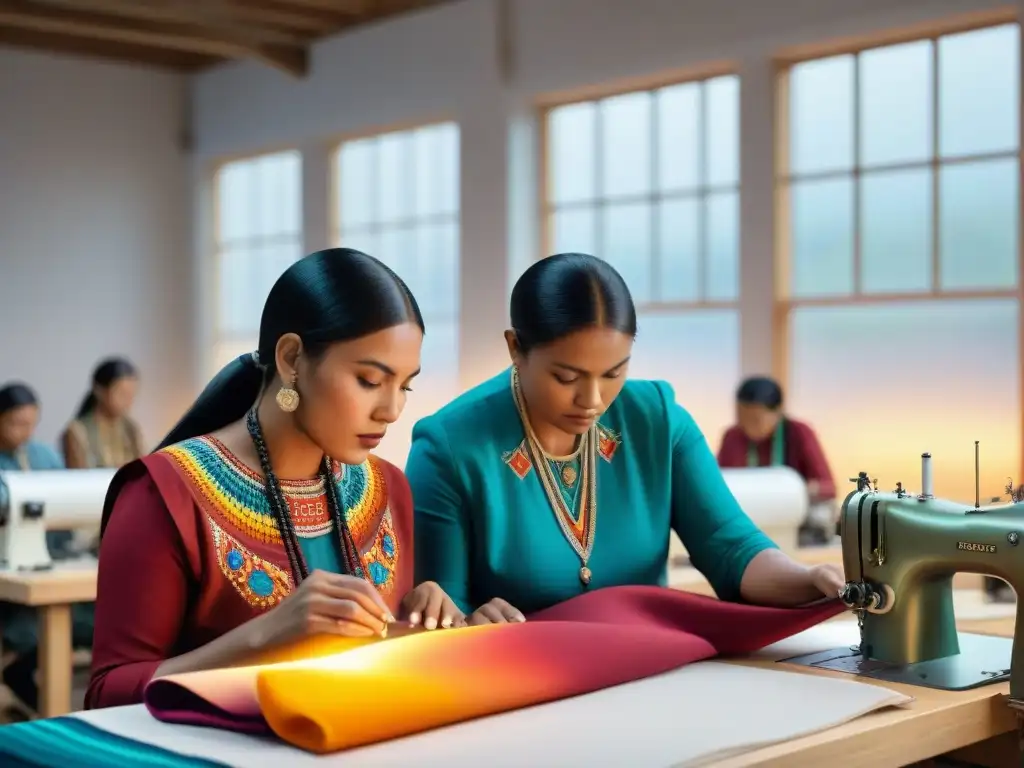 Diseñadores indígenas de diferentes tribus del mundo en un taller colorido, creando moda global con detalles únicos y tradicionales