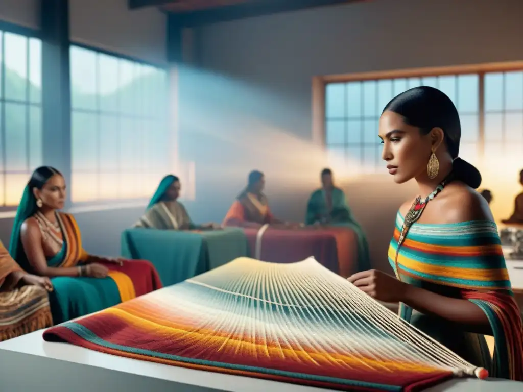 Diseñadores de moda indígena expresión contemporánea colaboran en estudio moderno, fusionando técnicas tradicionales con elementos actuales