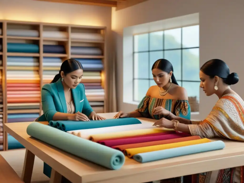 Diseñadores de moda indígena colaborando en un ambiente creativo, discutiendo ideas con entusiasmo