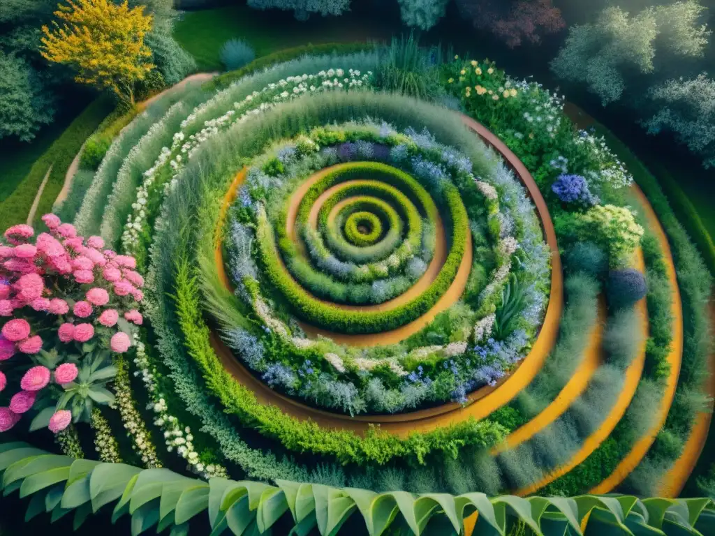 Un jardín espiral indígena con diseño intrincado, naturaleza vibrante y flores coloridas en un patrón hipnótico