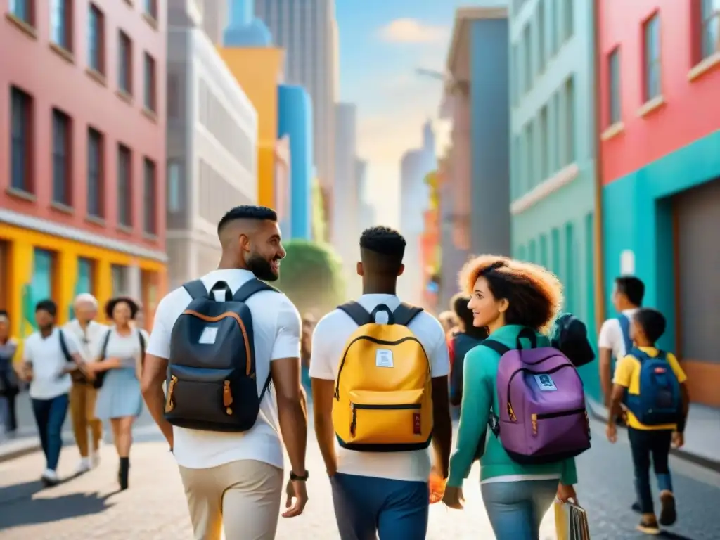 Diversidad urbana: niños de distintas etnias caminan juntos por la ciudad, reflejando la educación bilingüe en áreas urbanas