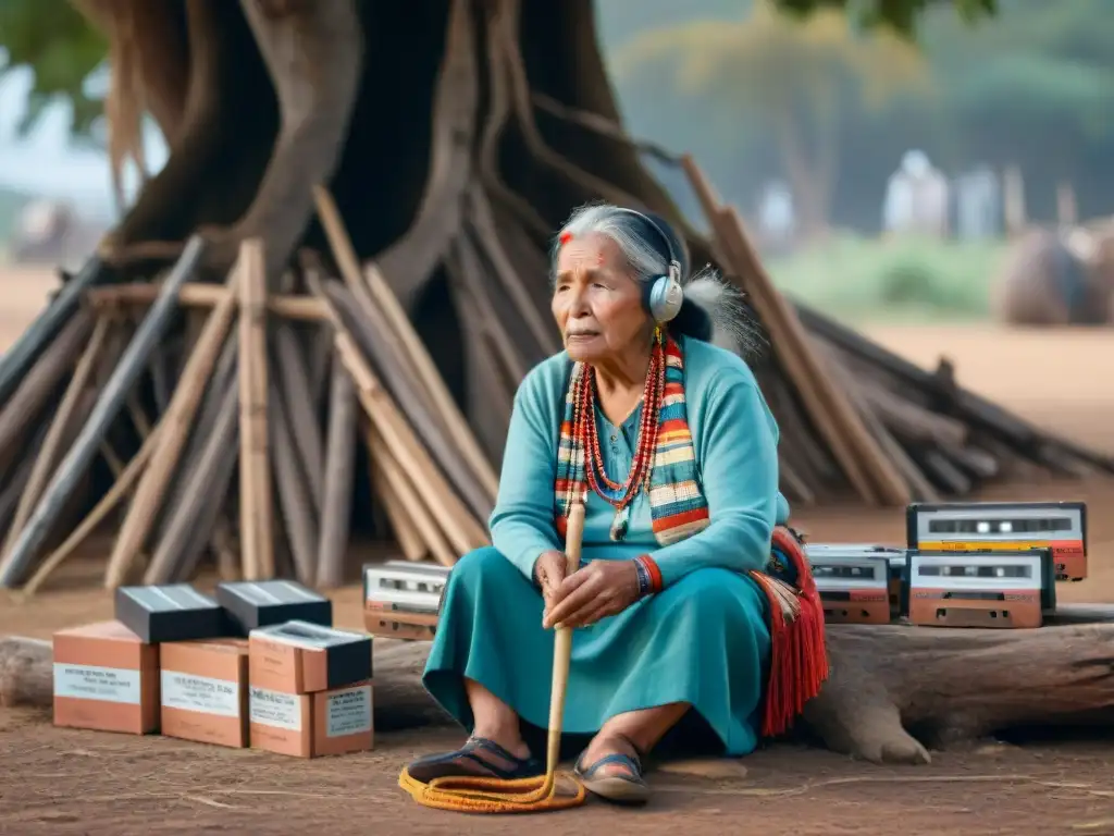 Documentación de lenguas indígenas minoritarias: mujer mayor indígena grabando a un niño bajo un árbol con cassettes antiguos